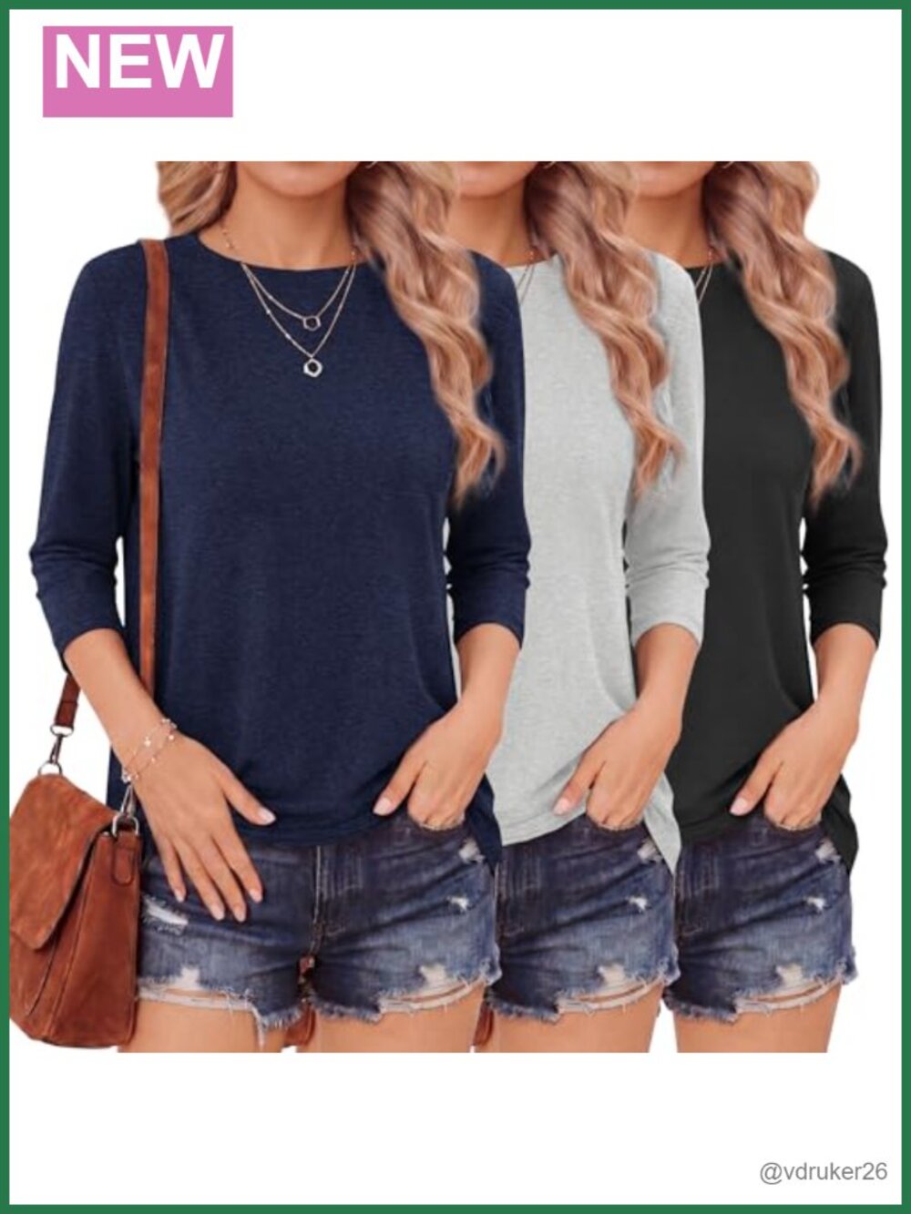 3/4 Sleeve Womens Tops Loose Fit Crew Neck T-Shirt
